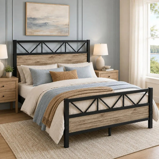 Size Bed Frame with 51.2'' Tall Headboard, Wash