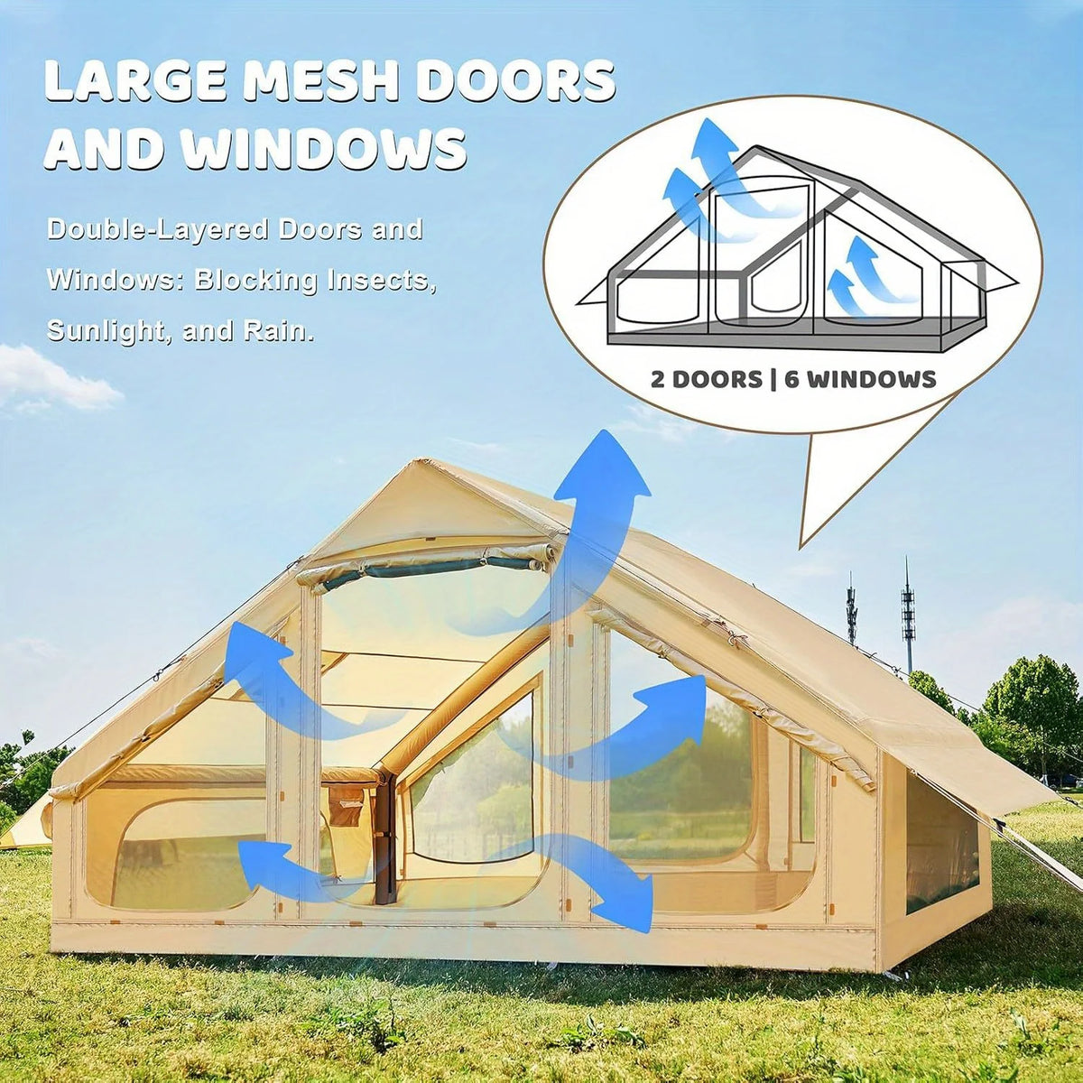 Inflatable Camping Tent with Manual Pump for 1-5 People, Luxury Oxford Tent with Double Door Windows for Easy Set-up Four Se