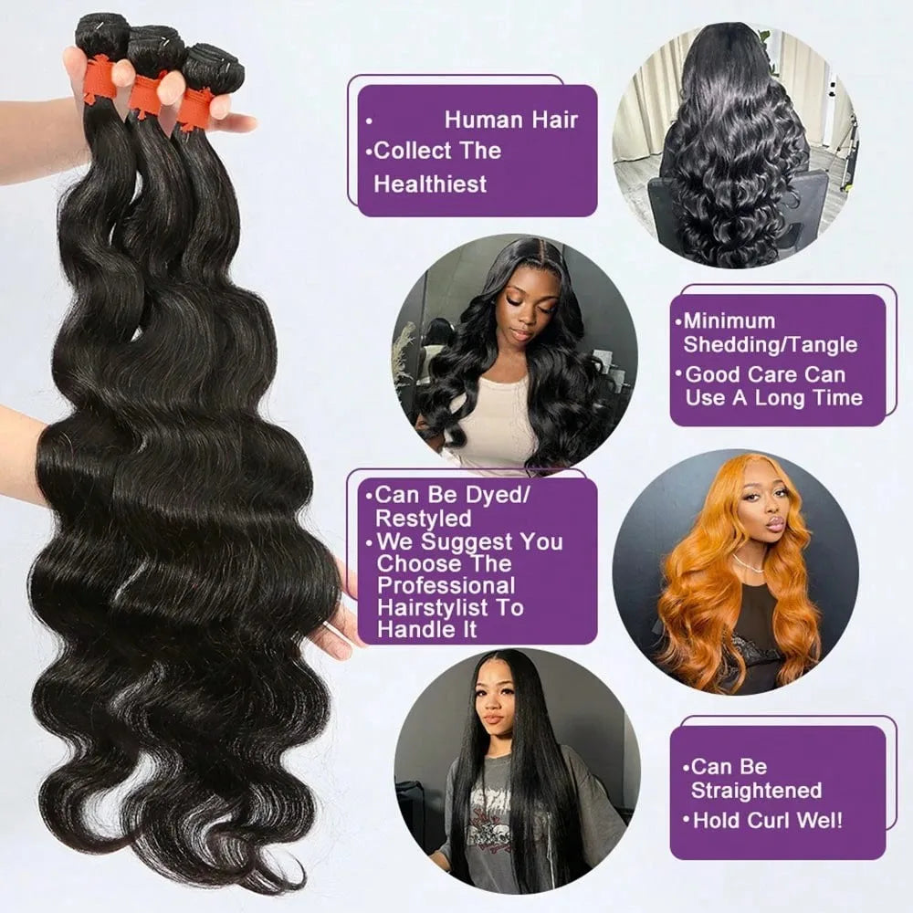 SIXQUEEN 15A Human Hair Bundles 34 36 38 40Inch Body Wave Unprocessed Vietnamese Hair 1/3/4 Bundles Extensions Quick Weave Human Hair Natural Black