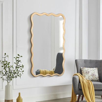Solid Wood Wavy Rectangle Mirror-Natural-Wood 40" x 28" Modern Mirror Wall Decor for Bathroom Bedroom Living Room Dining Room C