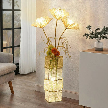 LUVODI Dimmable Floor Lamp with Shelves Modern Standing Lamp with Shade Creative Design LED Rattan Light Tree Lantern