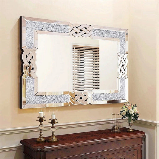 Large Rectangle Crystal Mirror Wall Decoration Crush Diamond Silver Sparkly Wall-Mounted Hanging Mirror for Home Decor