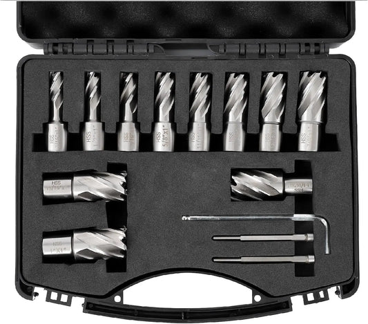 13-Piece Annular Cutter Set – 1" Cutting Depth, 7/16" to 1-1/16" Cutting Diameter, with Pilot Pin & Portable Case, Universal Shank for Magnetic Drill Press