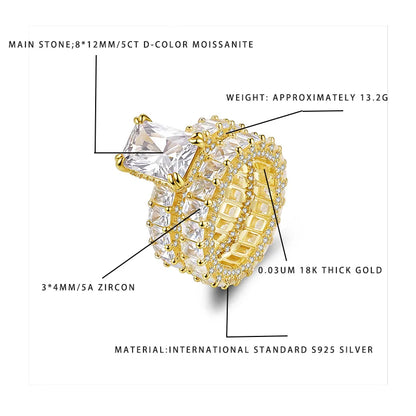 8*12mm 5 Carat D Color Moissanite Ring 925 Sterling Silver 18K Gold Plated Zircon Full Set Engagement Statement Ring