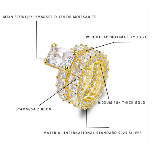 8*12mm 5 Carat D Color Moissanite Ring 925 Sterling Silver 18K Gold Plated Zircon Full Set Engagement Statement Ring