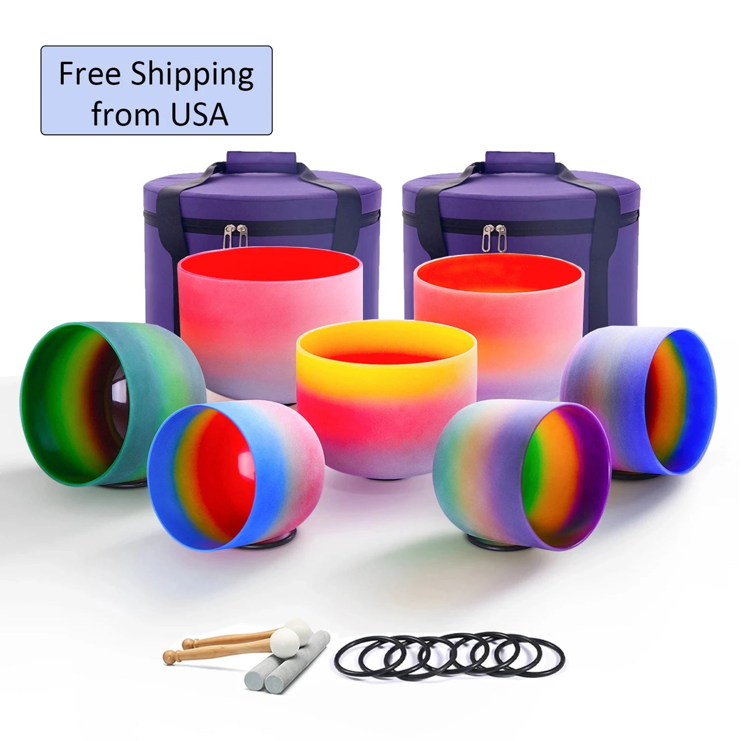Hye-eun 7-12/6-12 Inch Crystal Singing Bowls Chakra Set of 7pcs with 2 Pcs Carrying Case for Yoga Musical Vibration Total 7 Pcs