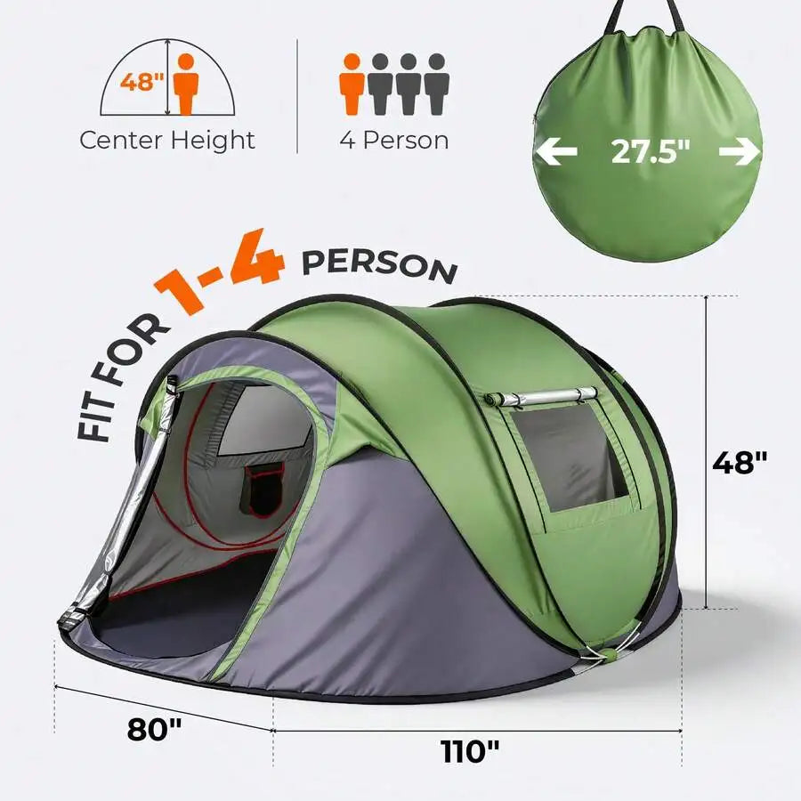 4-Person Pop-Up Camping Tent – Waterproof Family Shelter With Front Awning & Dual Mesh Doors, Automatic Setup For Beach, Festiva