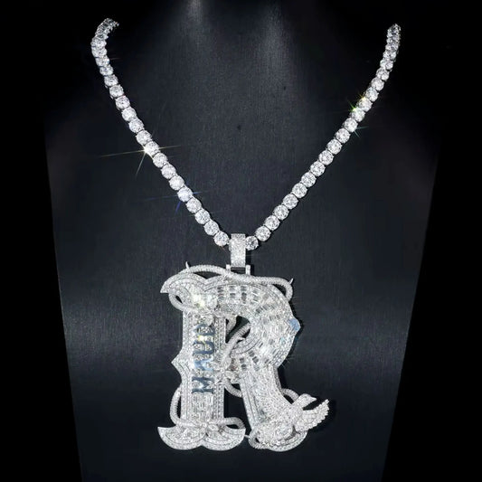 LYEE CYEE Sparkling Hip-Hop Initials R Flower Pendant around the Name Can Be Paired with Exquisite Jewelry Decoration by Cuban Chain Rap Singers for Both Men and Women's Holiday Gifts, Anniversary Gifts, Birthday Gifts, and U