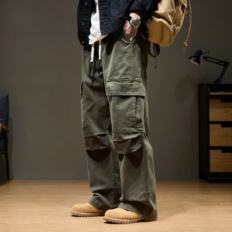 Men's Baggy Cargo Pants with Pockets 100% Cotton Drawstring Elastic Waist Wide Leg Outdoor Casual Pants Plus Size 8XL