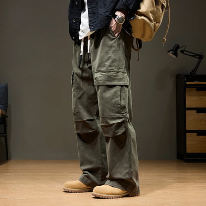 Men's Baggy Cargo Pants with Pockets 100% Cotton Drawstring Elastic Waist Wide Leg Outdoor Casual Pants Plus Size 8XL