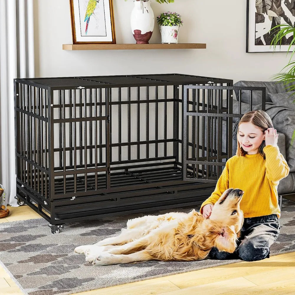 48 Inch Heavy Duty Dog Crates, Escape Proof Dog Cage Large Dogs with Wheels, Indestructible Steel Dog Cage with Upgraded,Customi