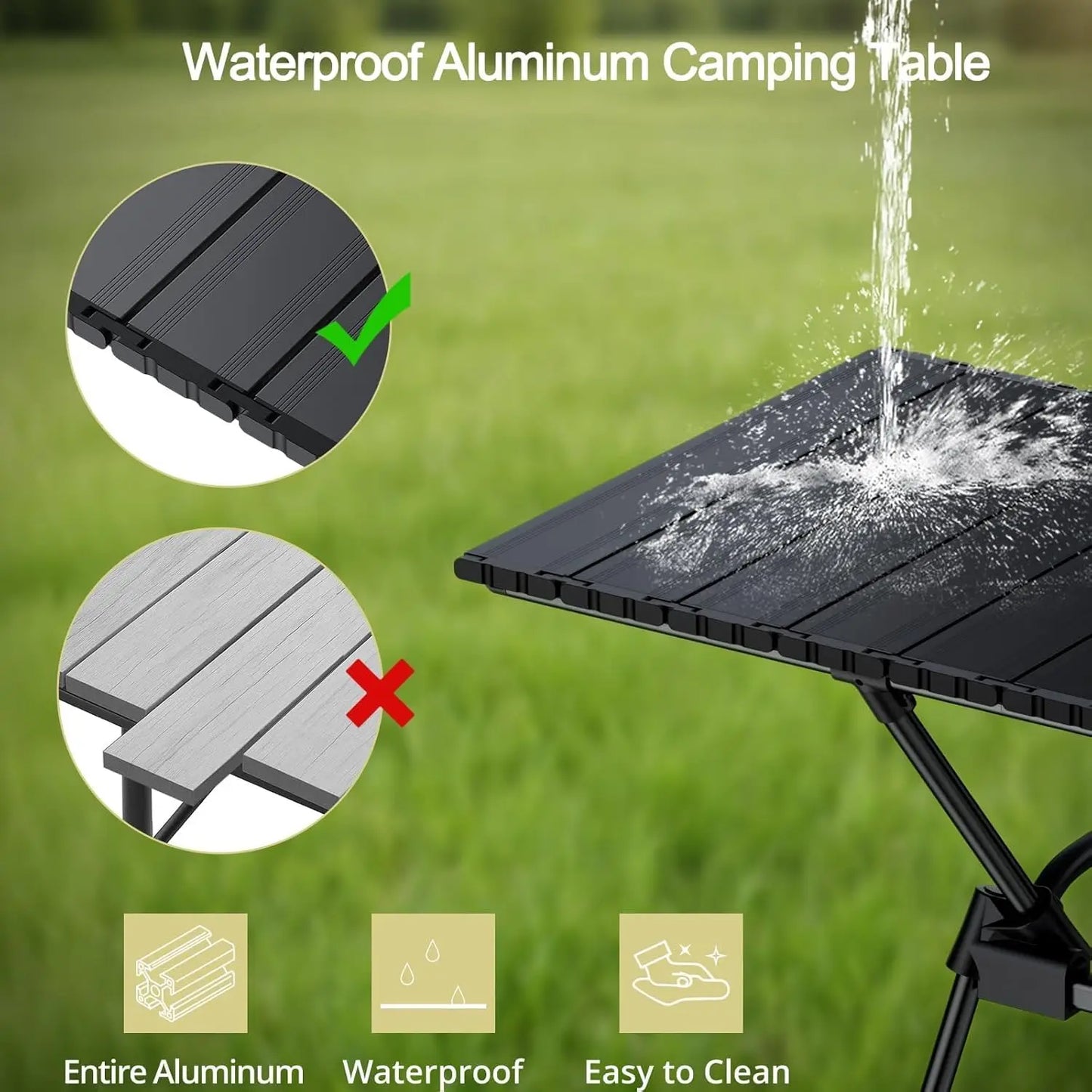 3ft Foldable Aluminum Camping Table, 4 Height Settings, Waterproof, Black, 35' x 16', with Carrying Bag