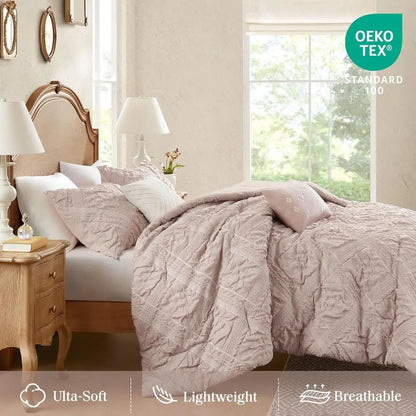 5-Piece Queen Size Comforter Set, Puy Seersucker Textured Grid Boho Bedding, Dusty Pink Plaid Comforter with 2 Shams & 2 Decorat
