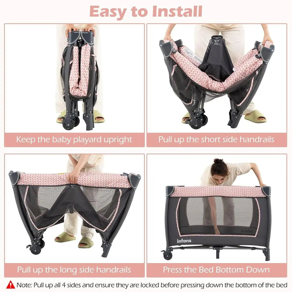 Portable Baby Playard with Bassinet, Changer, Mattress, Storage, and Toys in Pink
