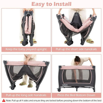 Portable Baby Playard with Bassinet, Changer, Mattress, Storage, and Toys in Pink