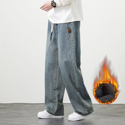 Winter Velvet Wide Leg Denim Jeans Men's Casual Loose Trousers Neutral Outdoor Fashion Pants Big Size 8XL