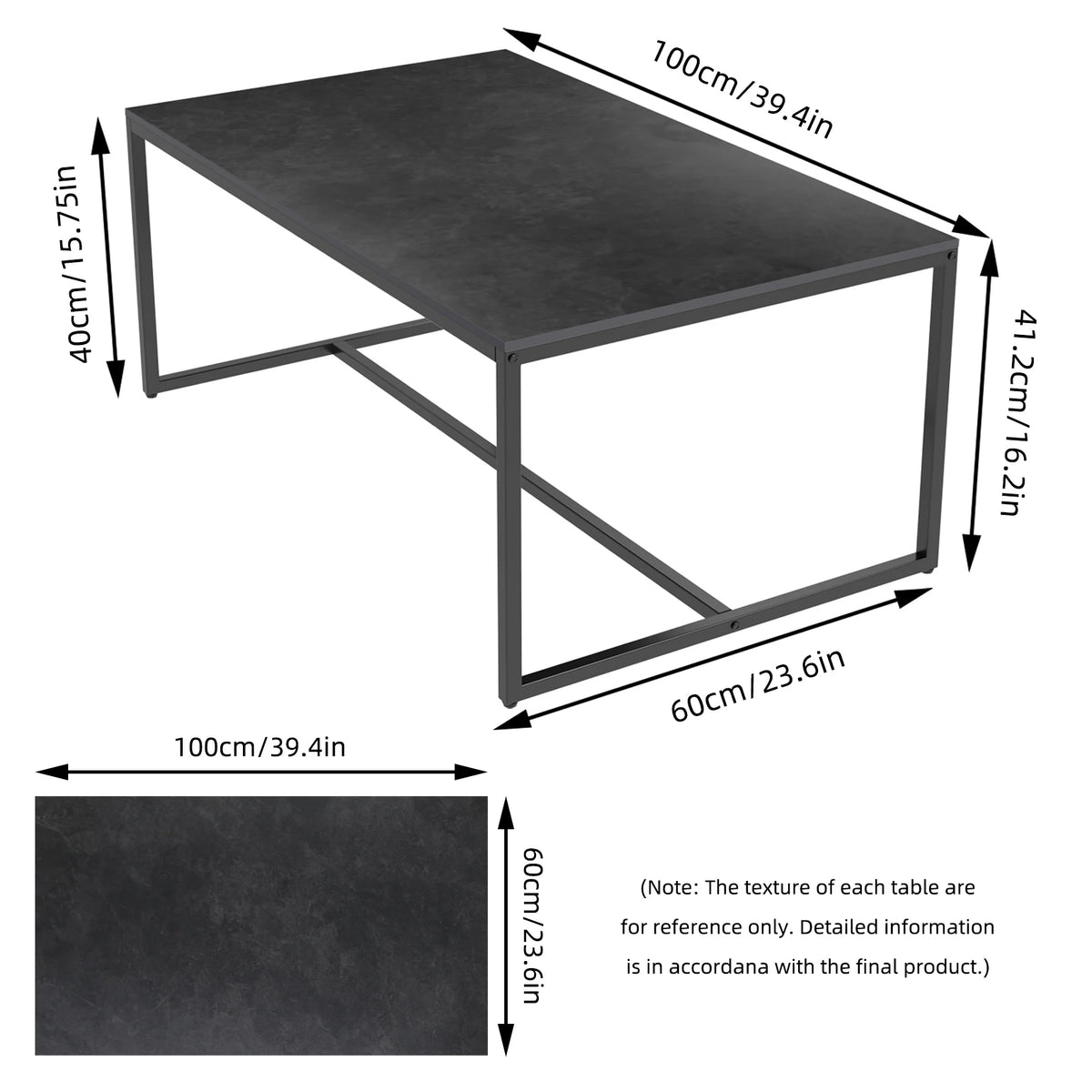 LUVODI Rectangular Coffee Table 100x60cm Sintered Stone Top Black Metal Frame Modern Center Table for Living Room