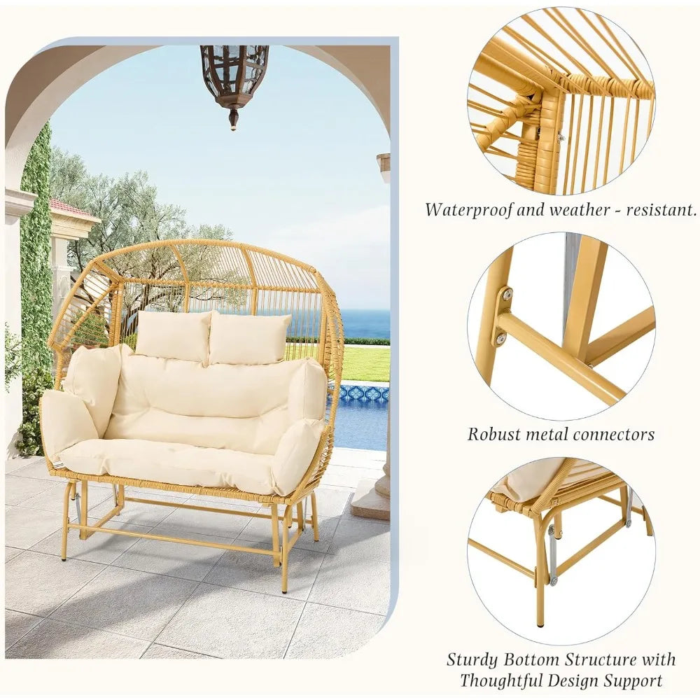 eco-friendly patio double egg chair, outdoor and indoor oversized loveseat, 2 person extra large wicker lounge rocking chairs