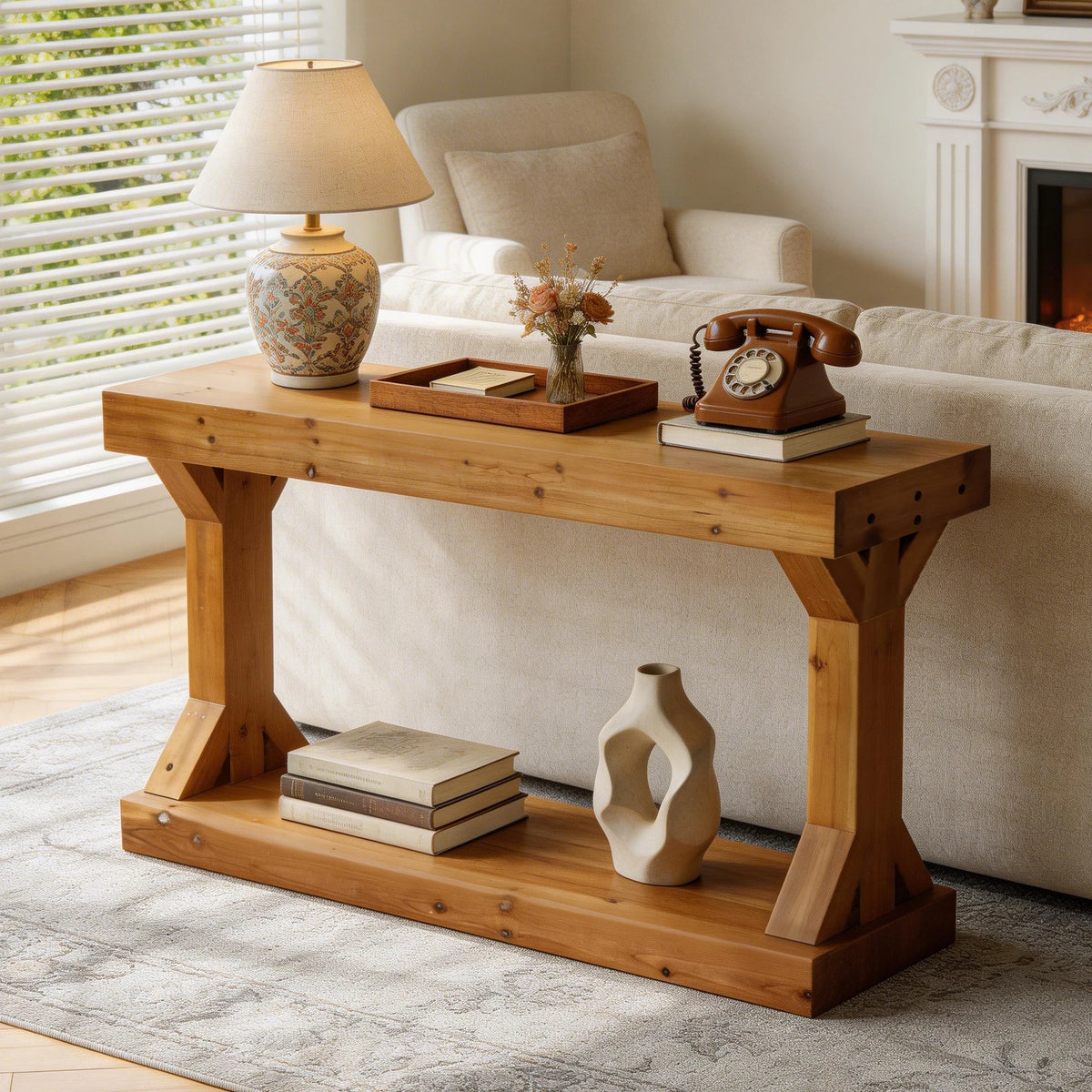 Wooden Console Table: 120cm Farmhouse Entryway Table with Shelf, Solid Fur Wood Rustic Sofa Storage Table Behind Couch for Living Rooms, Foyers, Hallways