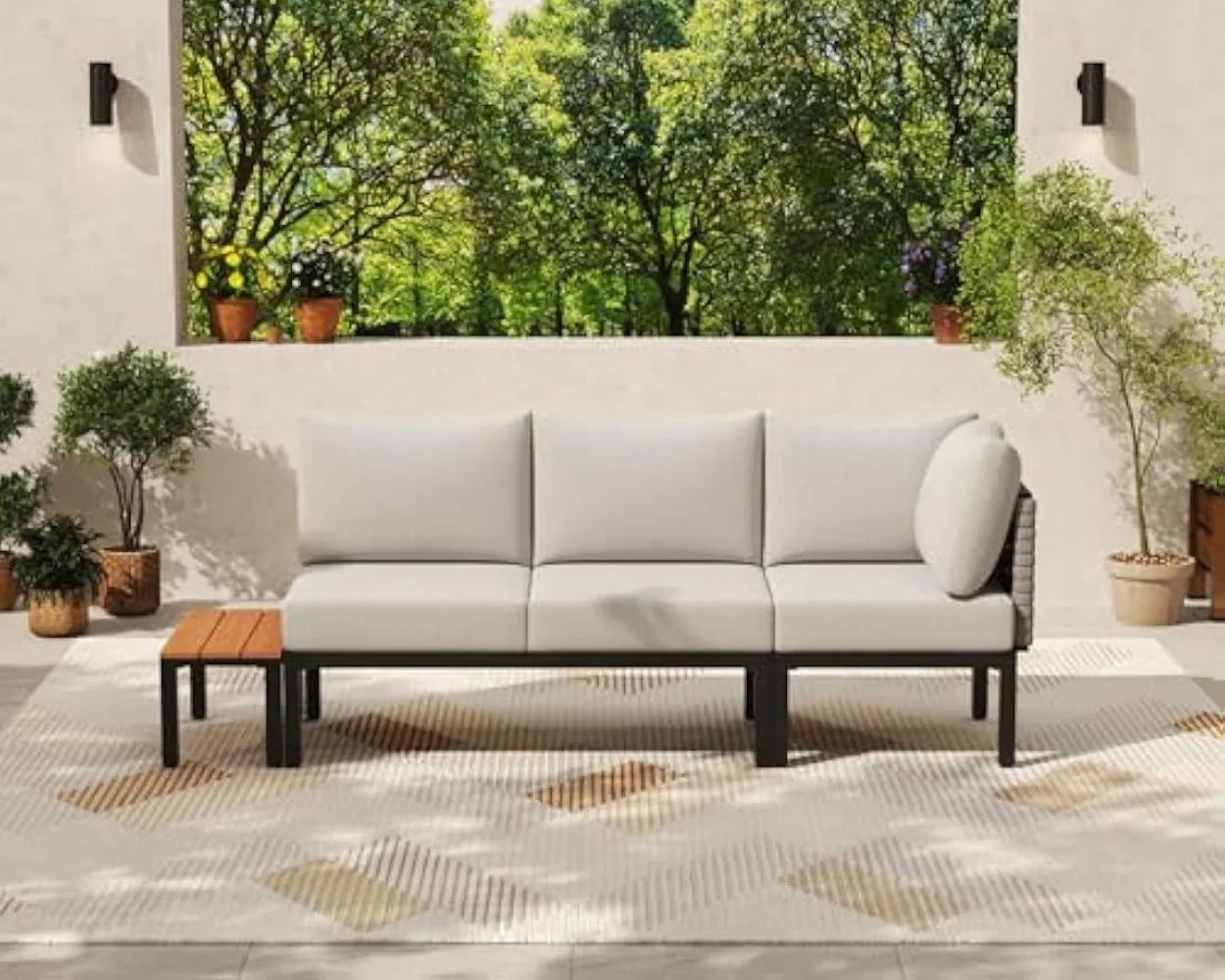 4 Piece Patio Conversation Set, Outdoor Sectional Furniture with Loveseat, Single Chair, 6" Washable Cushions, Beige