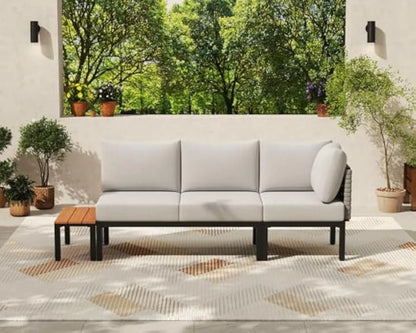 4 Piece Patio Conversation Set, Outdoor Sectional Furniture with Loveseat, Single Chair, 6" Washable Cushions, Beige