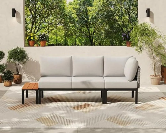 4 Piece Patio Conversation Set, Outdoor Sectional Furniture with Loveseat, Single Chair, 6" Washable Cushions, Beige
