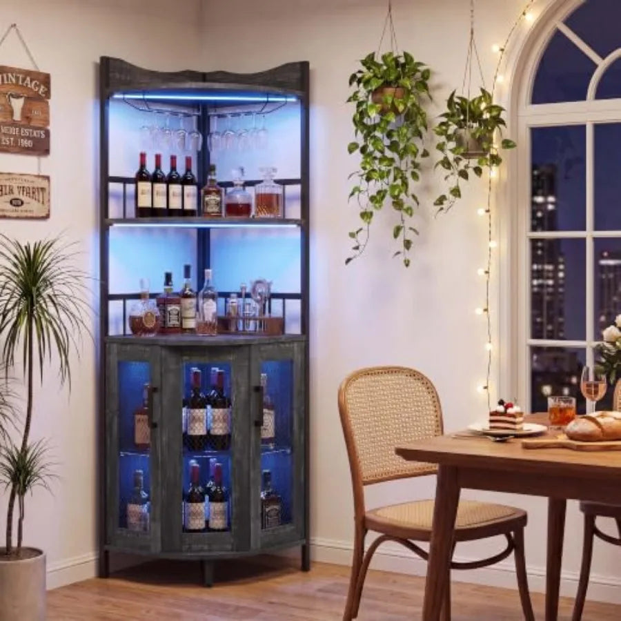 Corner Bar Cabinet, 5Tier Wine Cabinet with Power OutletsandLED Lights
