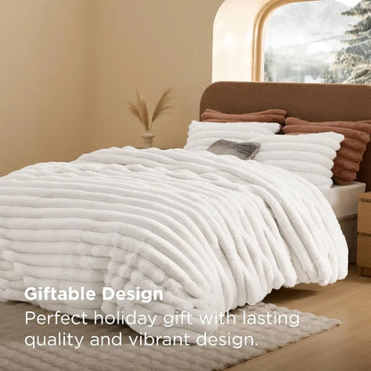 Queen Size Faux Fur Duvet Cover Set - White Soft Cozy Shaggy Winter Warm Luxury Fuzzy Bedding Comforter Cover with 2 Pillowcase