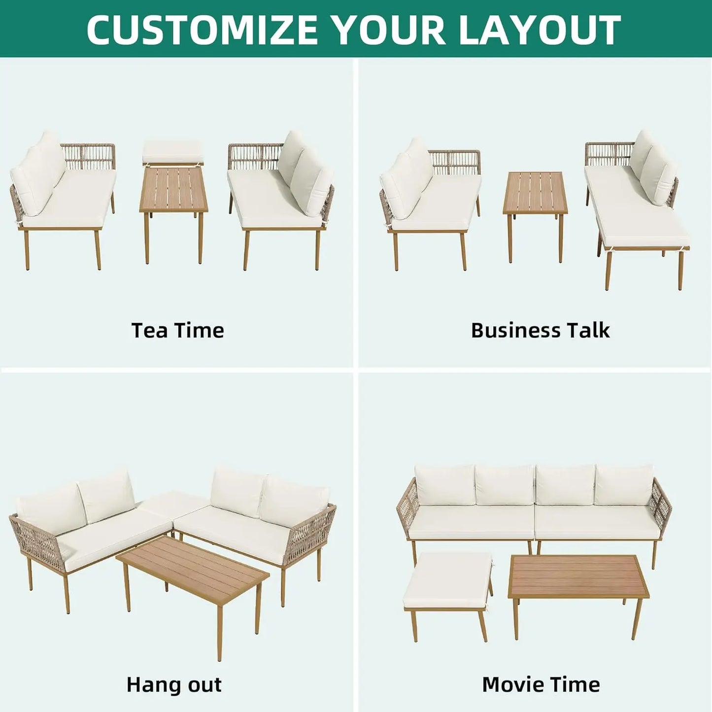 6-Piece Outdoor Rattan Sofa Set with Ottoman and Side Table, Boho Beige Patio Furniture for Backyard