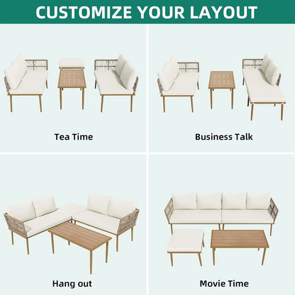 6-Piece Outdoor Rattan Sofa Set with Ottoman and Side Table, Boho Beige Patio Furniture for Backyard
