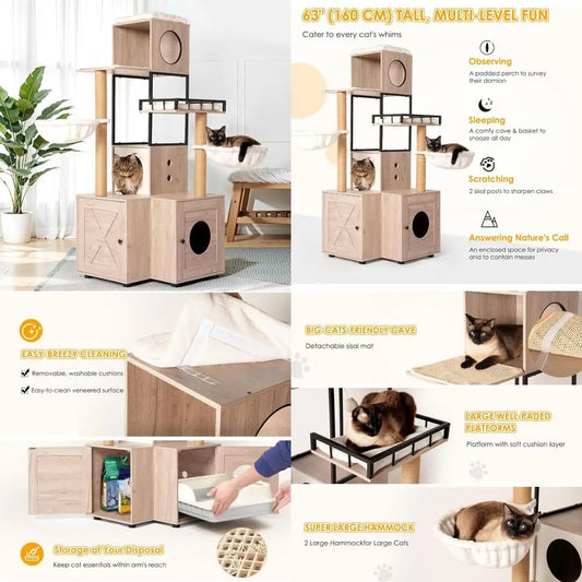wooden cat litter box enclosure with integrated cat tree, tower, condo, removable cushions, scratching posts, and dual hammocks