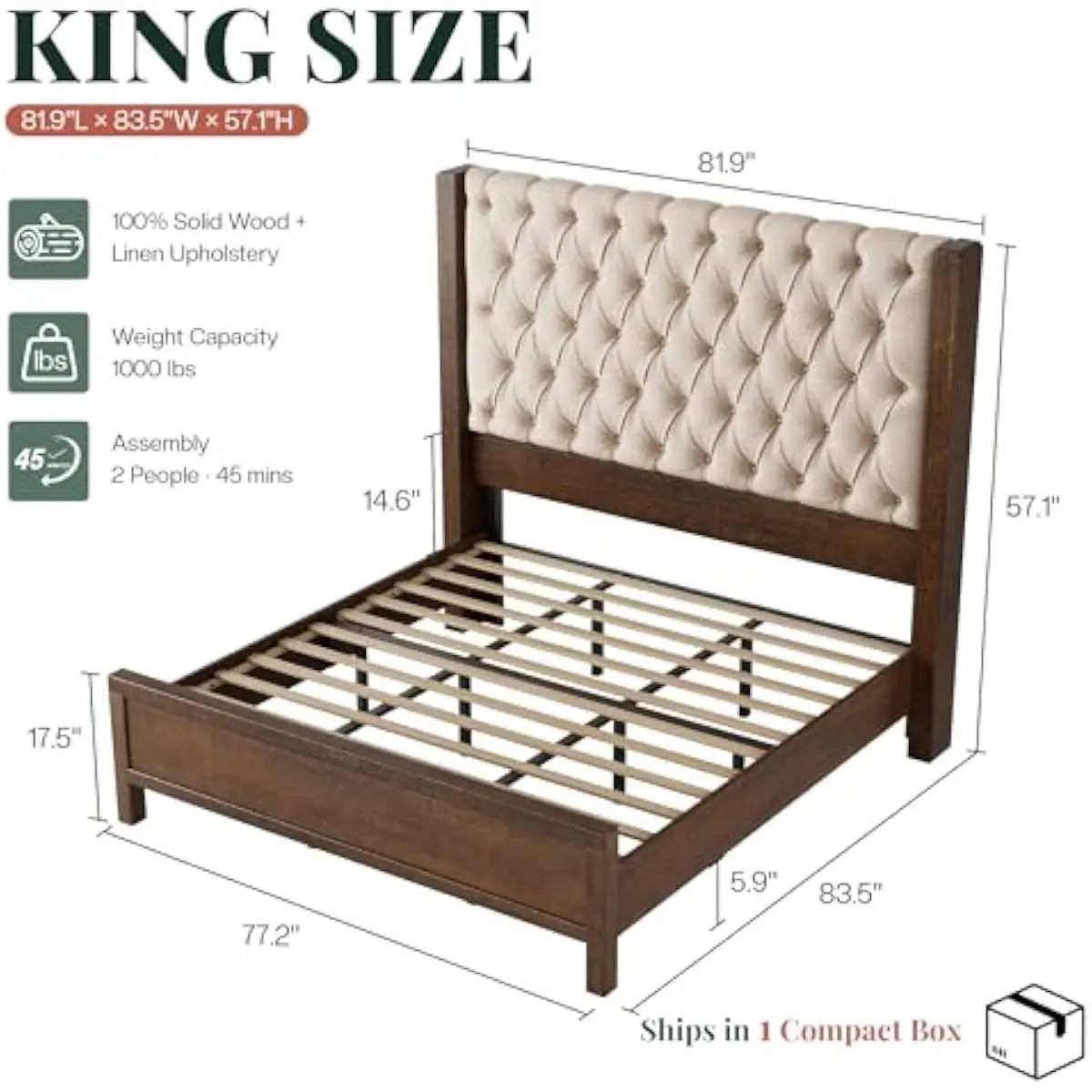 King Size Solid Wood Bed Frame,57' Wingback Headboard,Walnut