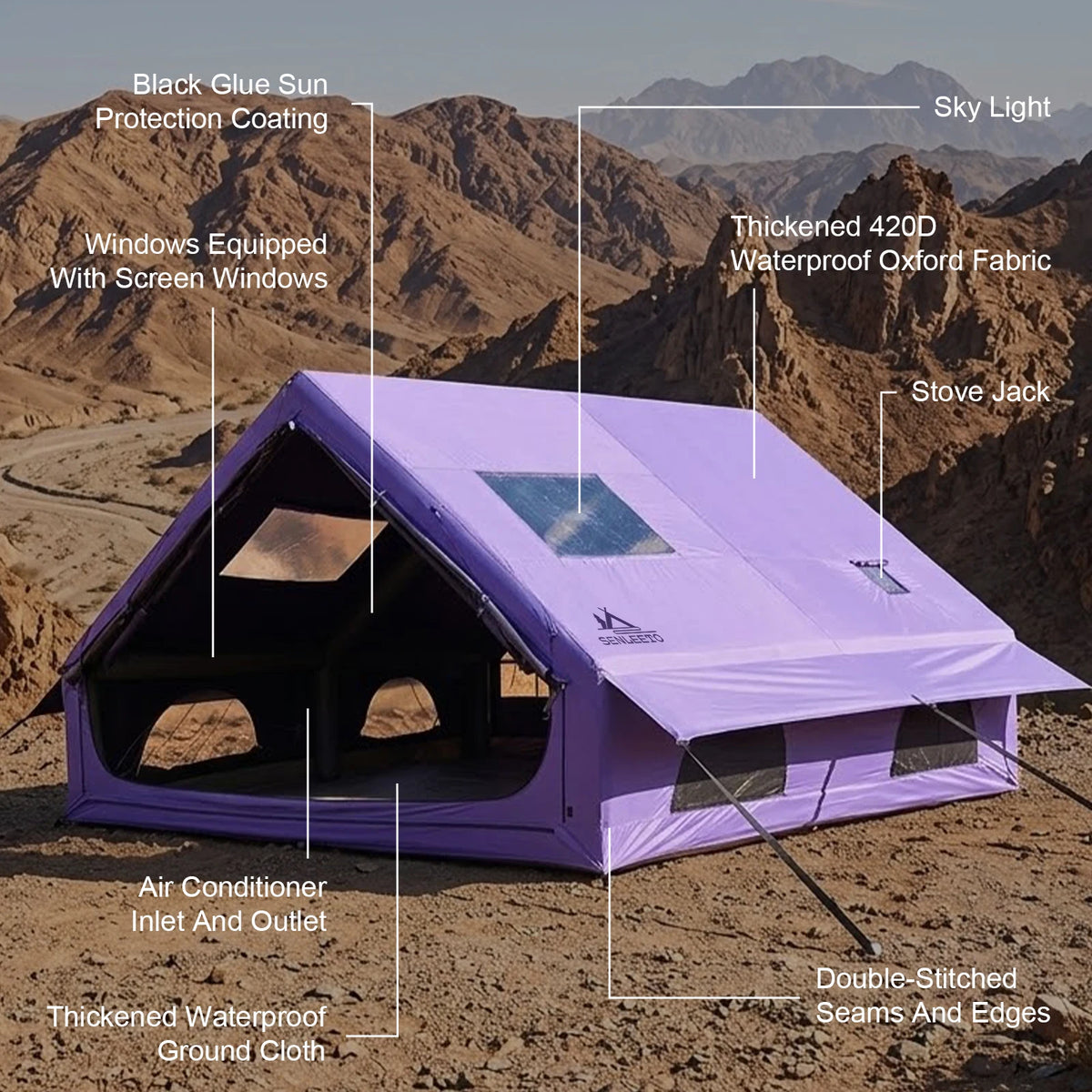 129 Square Feet Purple Inflatable Tent with Hand Pump for Camping,4 Season Sunproof Black Vinyl Blow up Tent with AC Vent