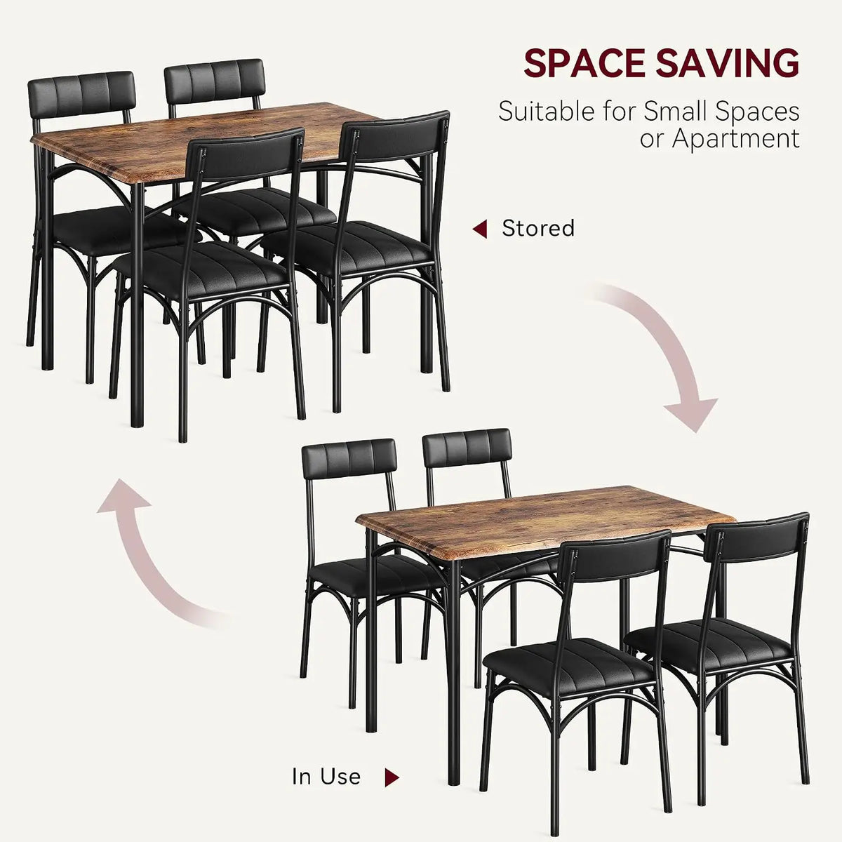 Space-Saving 5 Piece Dining Table Set for 4 – Rectangular Metal & Wood Table with 4 Upholstered Chairs – Compact Kitchen & Dining Room Solution