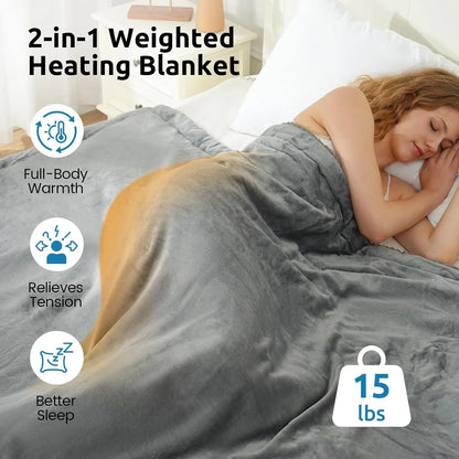 Heated Weighted Blanket, Sherpa Fleece Electric Throw 15 lbs for Adults, Fast Heating with Timer, Twin Size Grey
