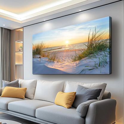 Large Canvas Wall Art for Living Room, Blue Sun Beach Ocean Landscape Painting, Framed Decor