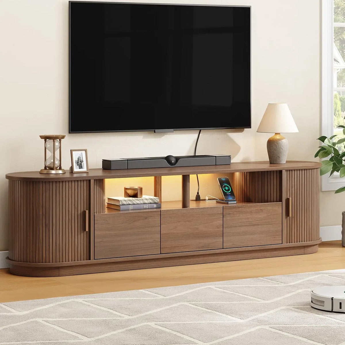 71" TV Stand with Power Outlet, 3 RGB LED Lights, for 85" TVs - 3-Drawer Mid Century Modern Entertainment Unit w/ Adjustable Shelf & Sliding Door Cabinet