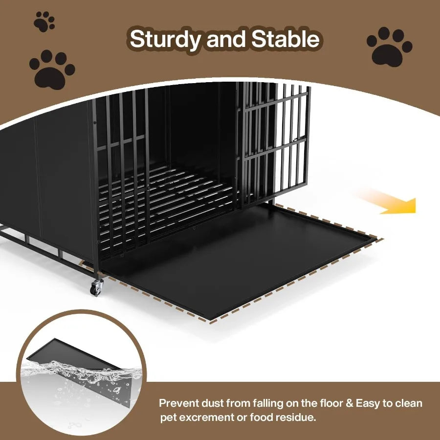 48/42 inch Heavy Duty Indestructible Dog Crate for High Anxiety Large Dogs Extra Large Steel Escape Proof Dog Kennel with Wheel