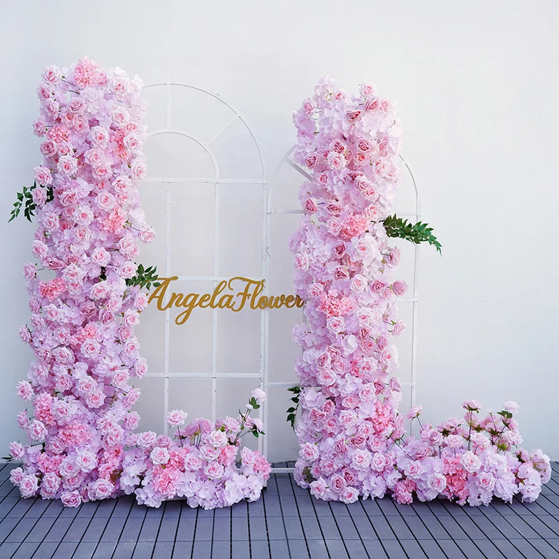 A8883 Blue Pink Sofa Table Runner Flower Row Rose Hydrangea Floral Arrangement Party Wedding Backdrop KT Board Aisle Floor Flowers Row