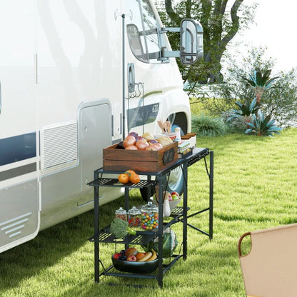 Folding Camp Kitchen Table Portable Camping Cooking Station with Adjustable Lantern Holder Hanging Hooks and Carrying Bag for