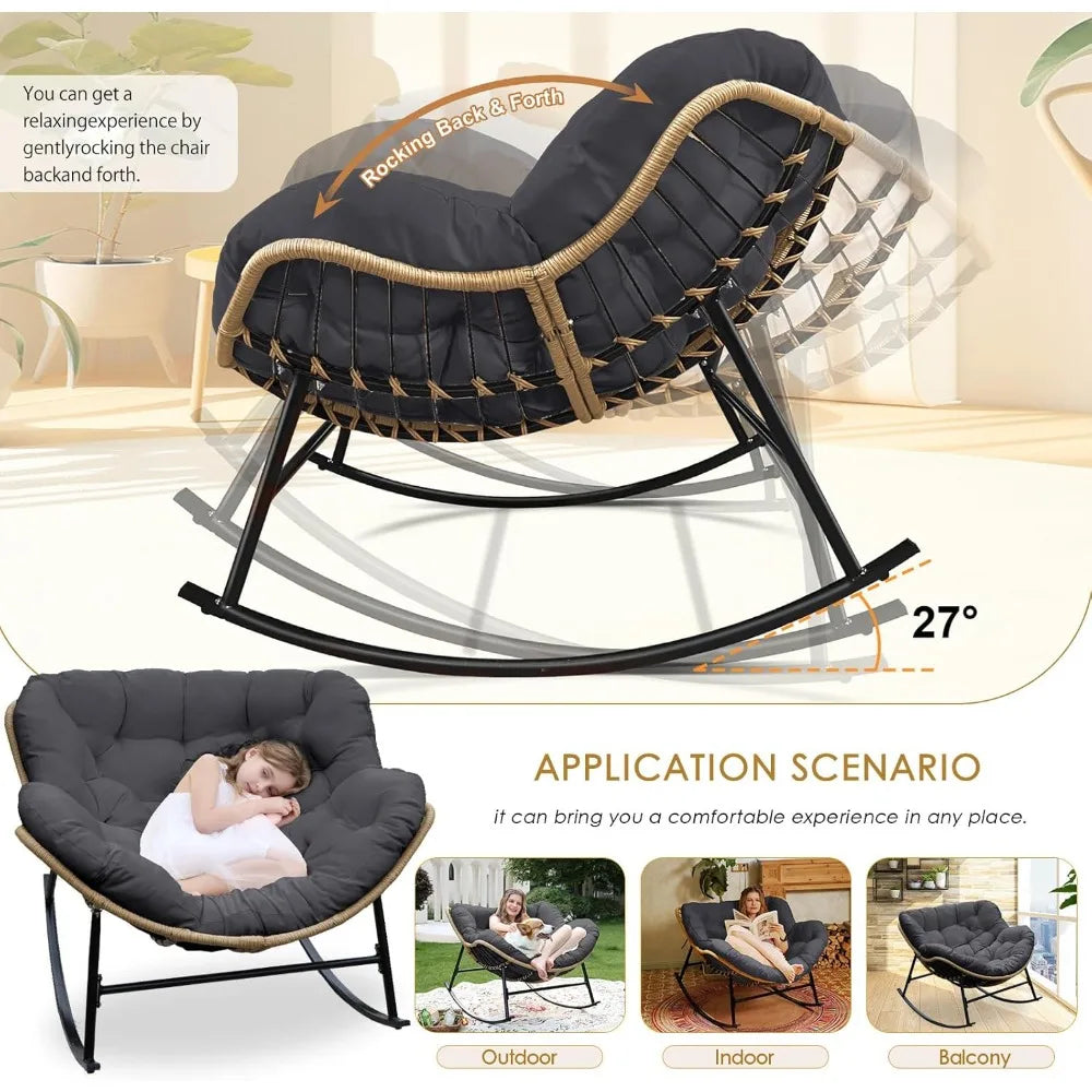 Outdoor Papasan Rocking Chair with Padded Cushion, All-Weather Patio Egg Rocker, Large Rattan Glider Indoor, Wide Cozy