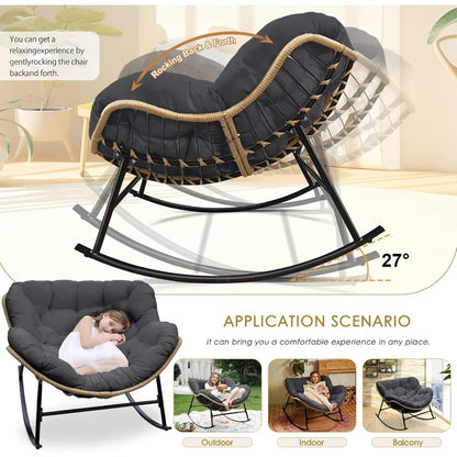 Outdoor Papasan Rocking Chair with Padded Cushion, All-Weather Patio Egg Rocker, Large Rattan Glider Indoor, Wide Cozy