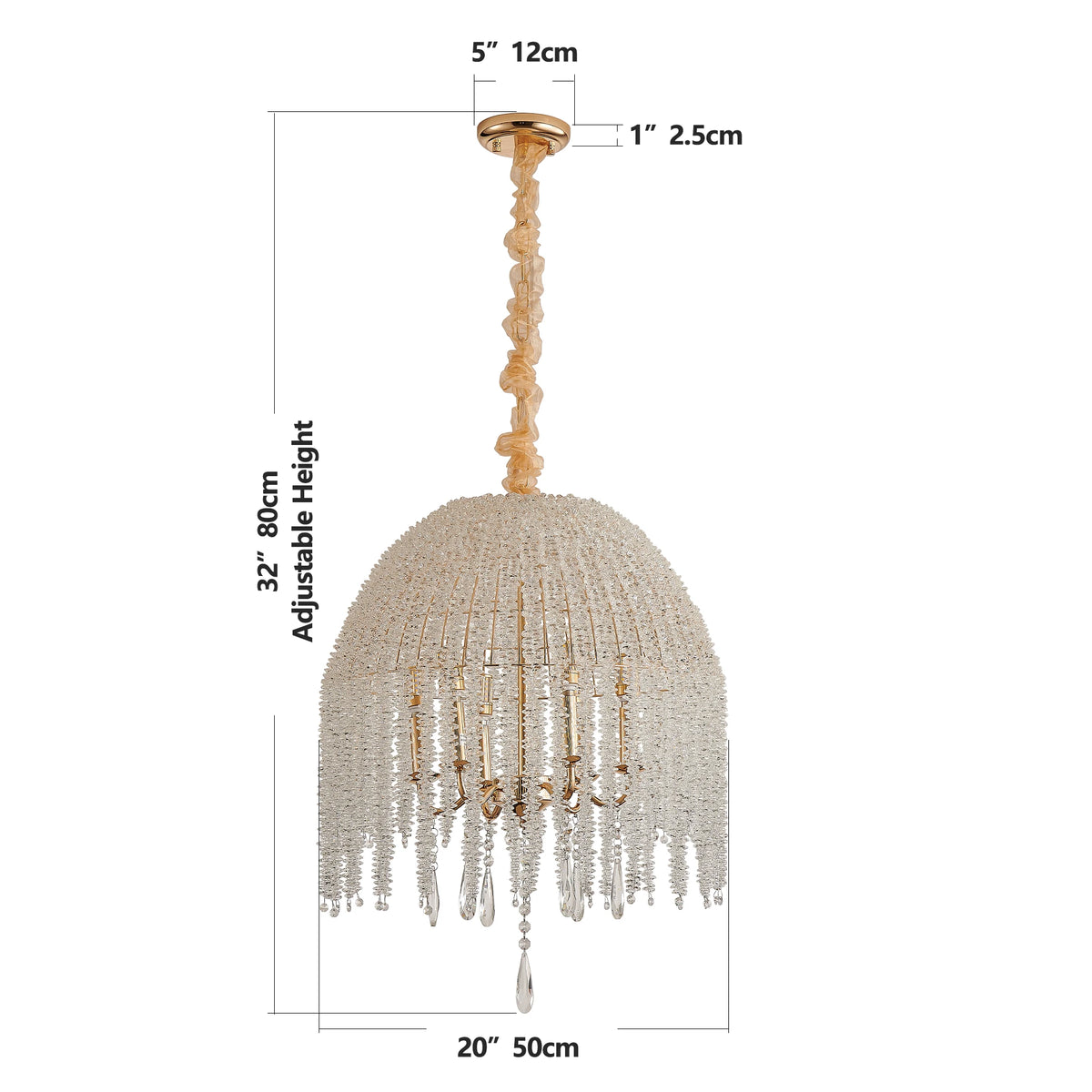 20 Inch 6-Light Crystal Pendant Light Chandelier Elegant Waterfall Design with Crystal Bead Strings and Gold Finish (No Bulb)