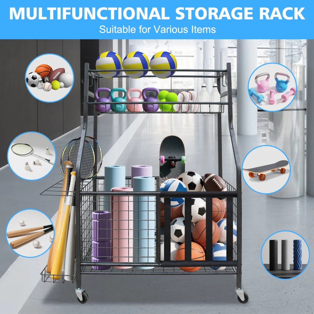 Garage Sports Equipment Organizer, Large Capacity Ball Storage Rack, Rolling Ball Cart with Wheels for Indoor & Outdoor