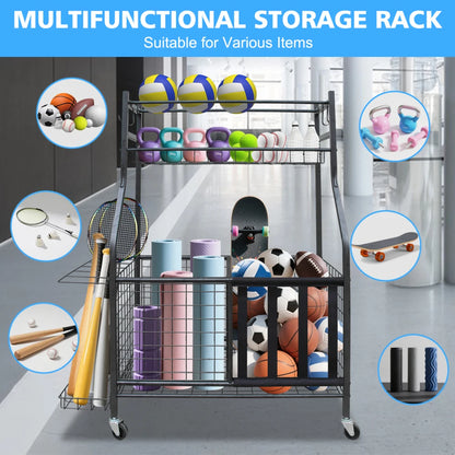 Garage Sports Equipment Organizer, Large Capacity Ball Storage Rack, Rolling Ball Cart with Wheels for Indoor & Outdoor