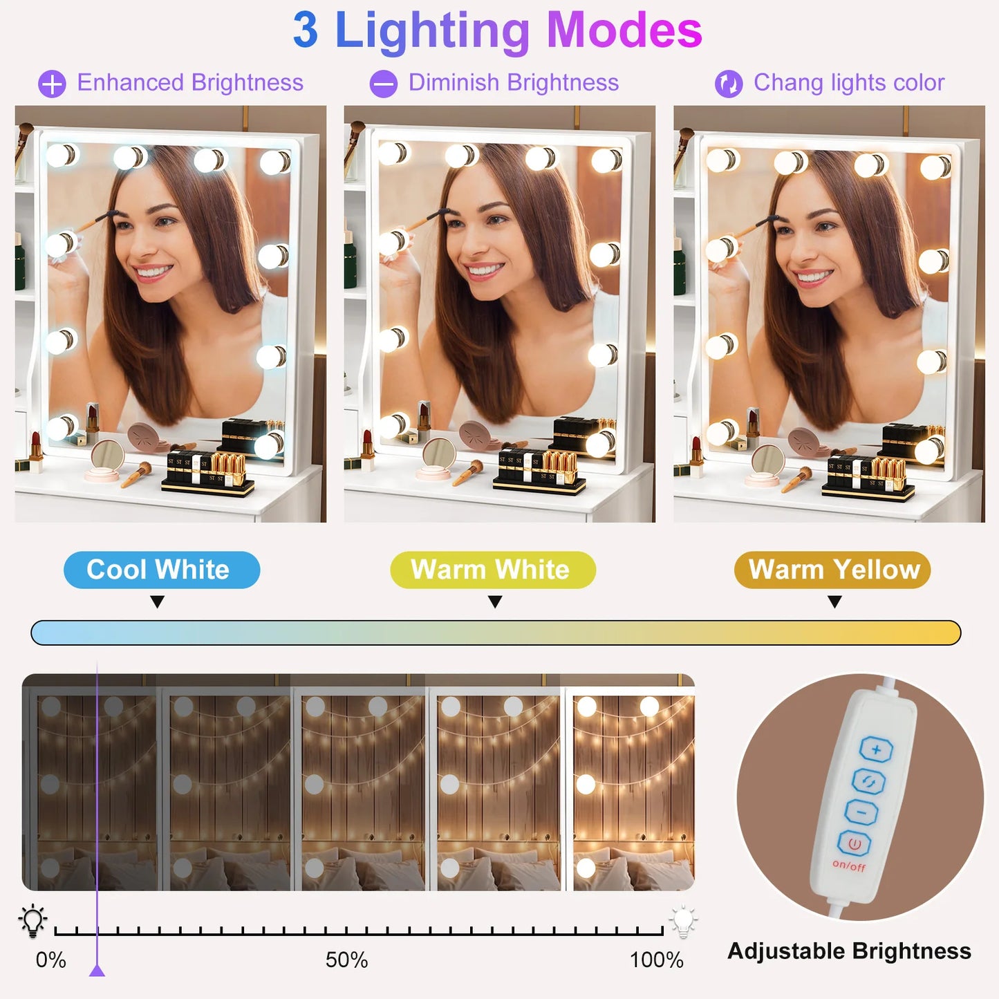 【11.11 Deals, Black Friday Deals 2025】Dressing Table Mirror Drawers Vanity Makeup Desk Stool Set With LED Lights White + Stool