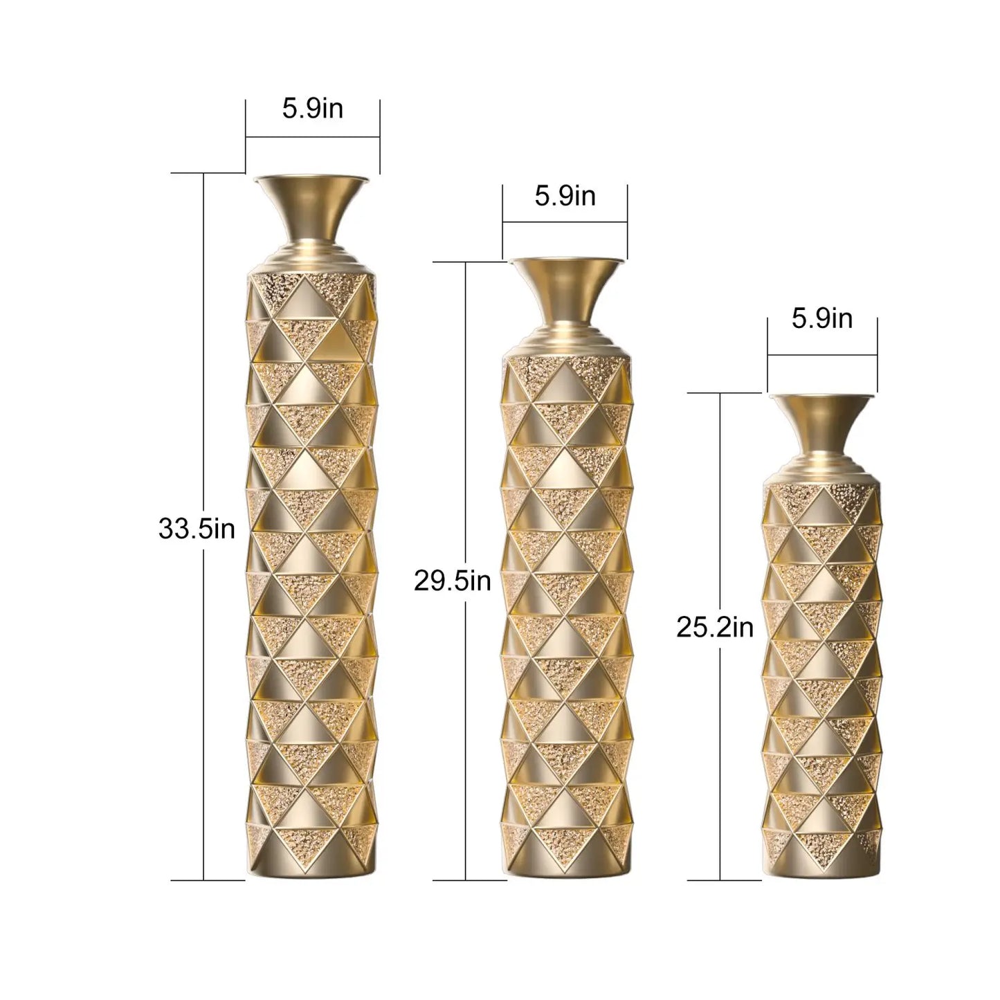 Large Size Metal Decorative Vase Set 3D Triangle Pattern 3 Sizes (33.5\" 29.5\" 25.2\") In High Gold For Home Decoration USA