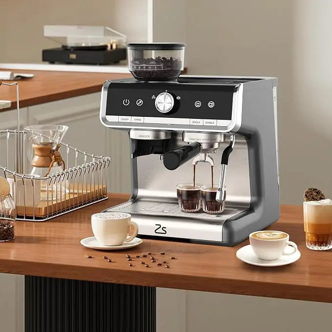 Espresso Machine 20 Bar, Semi Automatic Espresso Maker with Grinder, Stainless Steel, Latte & Cappuccino Espresso Coffee Machine with/Automatic Milk Frother & 95 oz Water Tank for Office