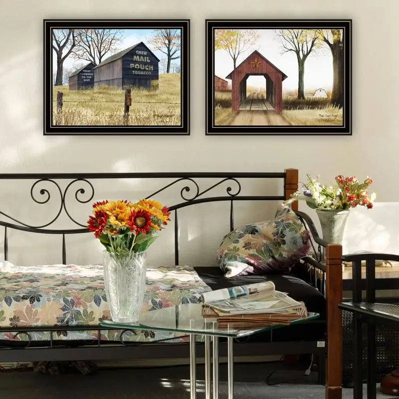 2-Piece Vignette Mail Pouch Barn & Buck County Bridge Black Framed Wall Art for Living Room & Bedroom Decor by Artist Billy