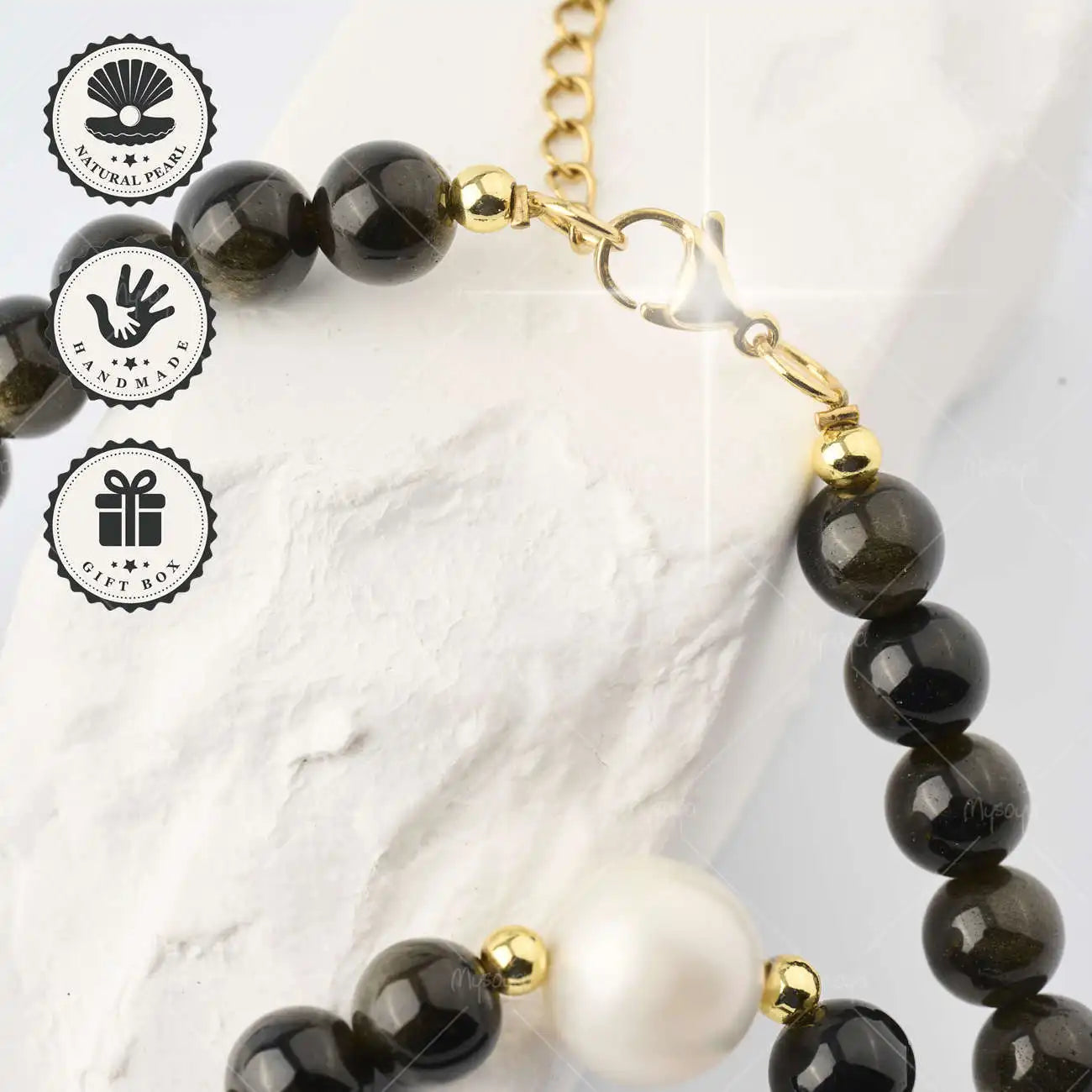 MYSOYA Gold Obsidian Edison Freshwater Pearl Necklace 10-11mm with Gold Extender Chain, Gift Box, Birthday & Anniversary Gift